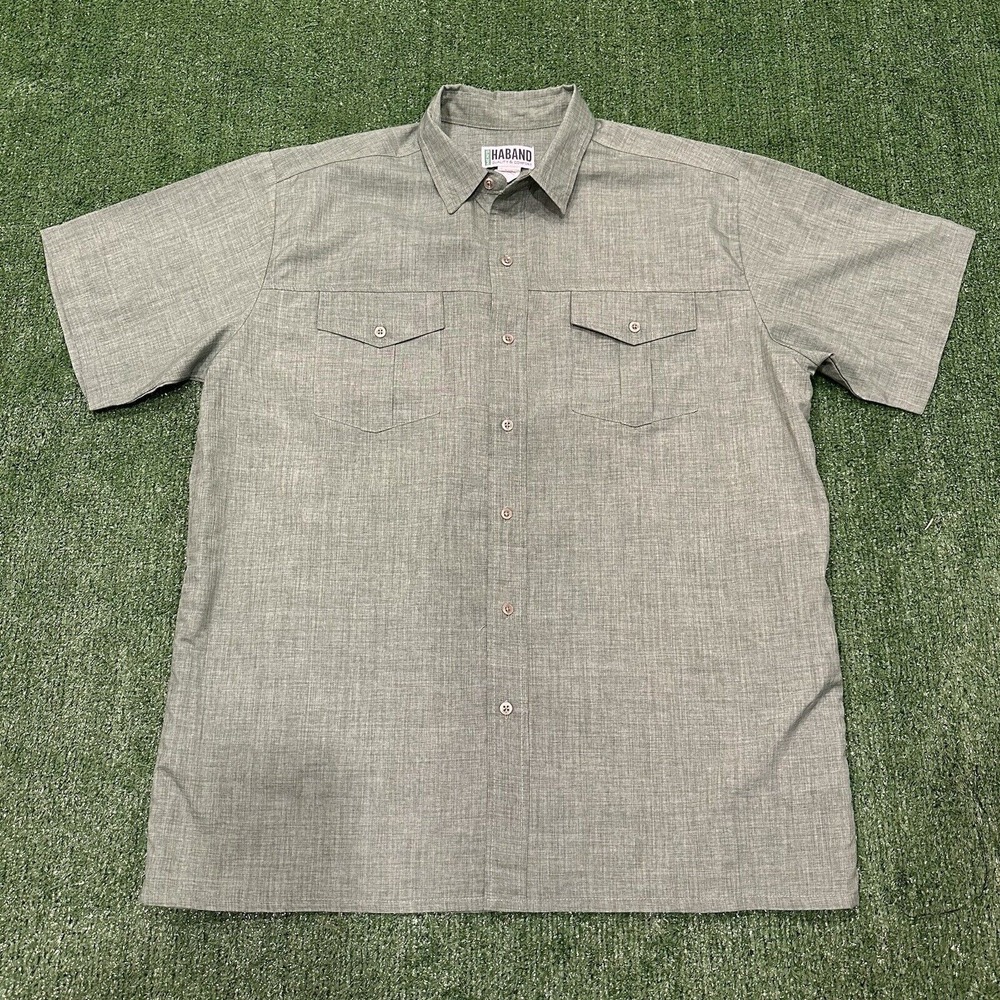 Haband Shirt Mens‎ Large Green Short Sleeve Button Up Cotton Blend